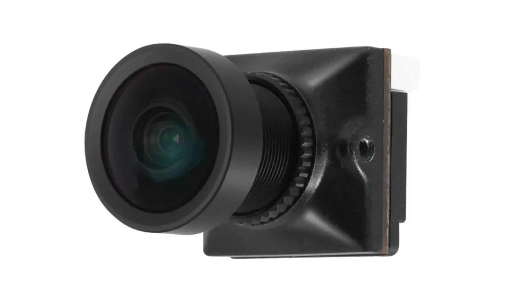 A compact video surveillance camera for drones, displaying its lens and build.